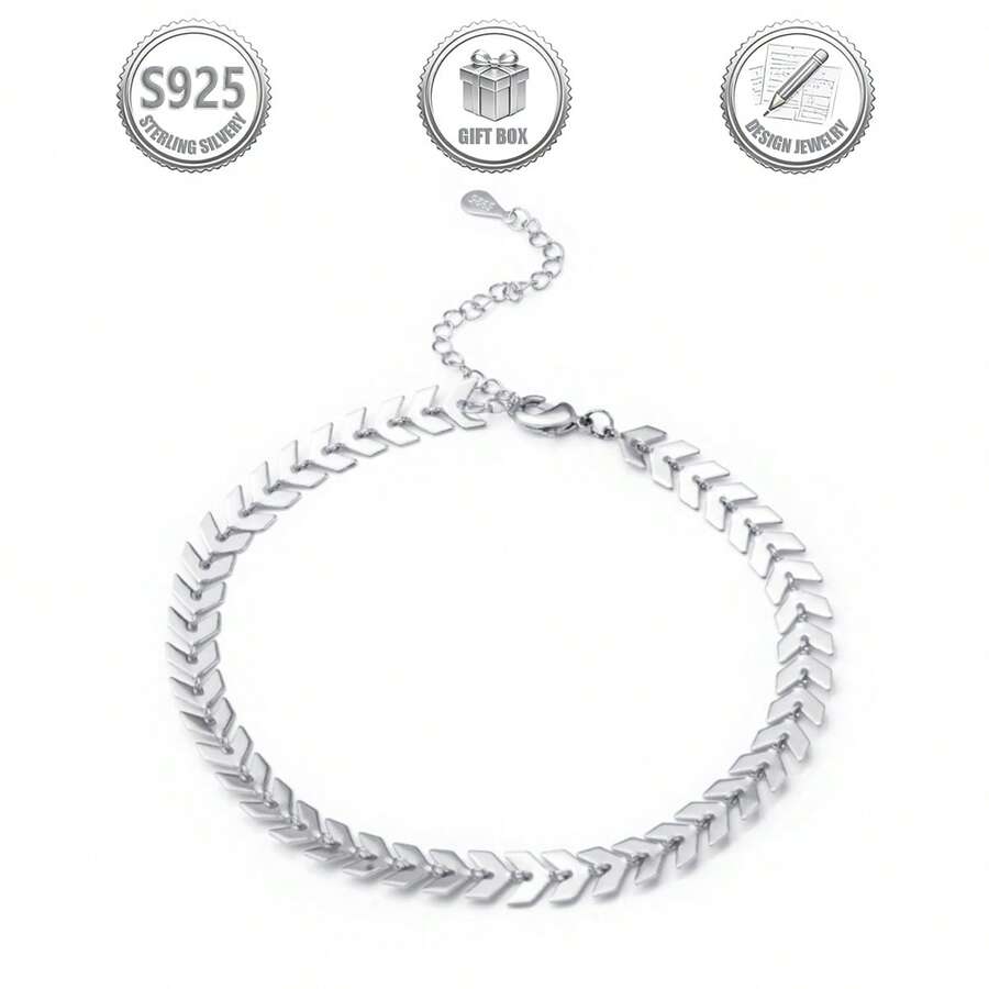 1pc Minimalist Elegant 925 Silver Leaf Design Chain Bracelet For Women, Suitable For Daily, Party, Holiday, Date, Gift - Silver - View 1