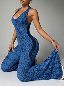 1pc Seamless Snake Skin Pattern High Stretch Tummy Control Sports Yoga Jumpsuit For Women - Navy Blue - View 3