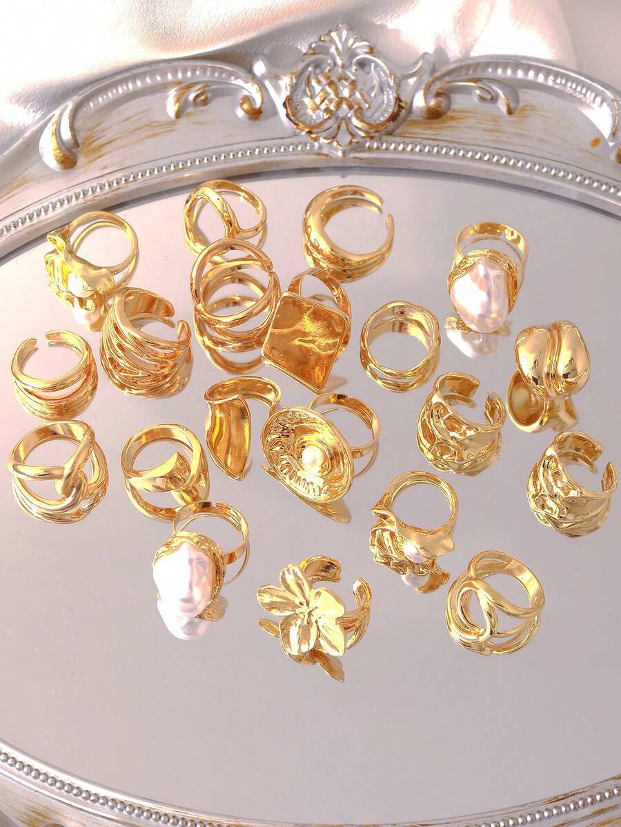 17pcs/Set Fashionable Minimalist Elegant Vintage Design Geometric Knot Flower Faux Pearl Asymmetrical Texture Criss-Cross Braided Round Hollow Square Multi-Layer Smooth Exaggerated Wide Chunky Ring Set, Suitable For Holiday, Party, Daily Wear, Gift - Yellow Gold - View 1