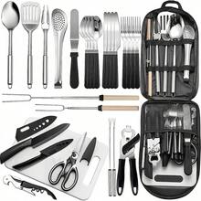 10/27Pcs Camping Kitchen Utensil Cookware Kit, 304 Stainless Steel Material Outdoor Cooking And Grilling Utensil Organizer Travel Set Perfect For Travel, Picnics, RVs, Camping, BBQs, Parties And More - Black - View 13
