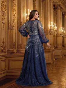 Elegante vestido de noche formal de unicolor con malla de strass, para boda y fiesta de primavera - Azul Marino - Ver 2