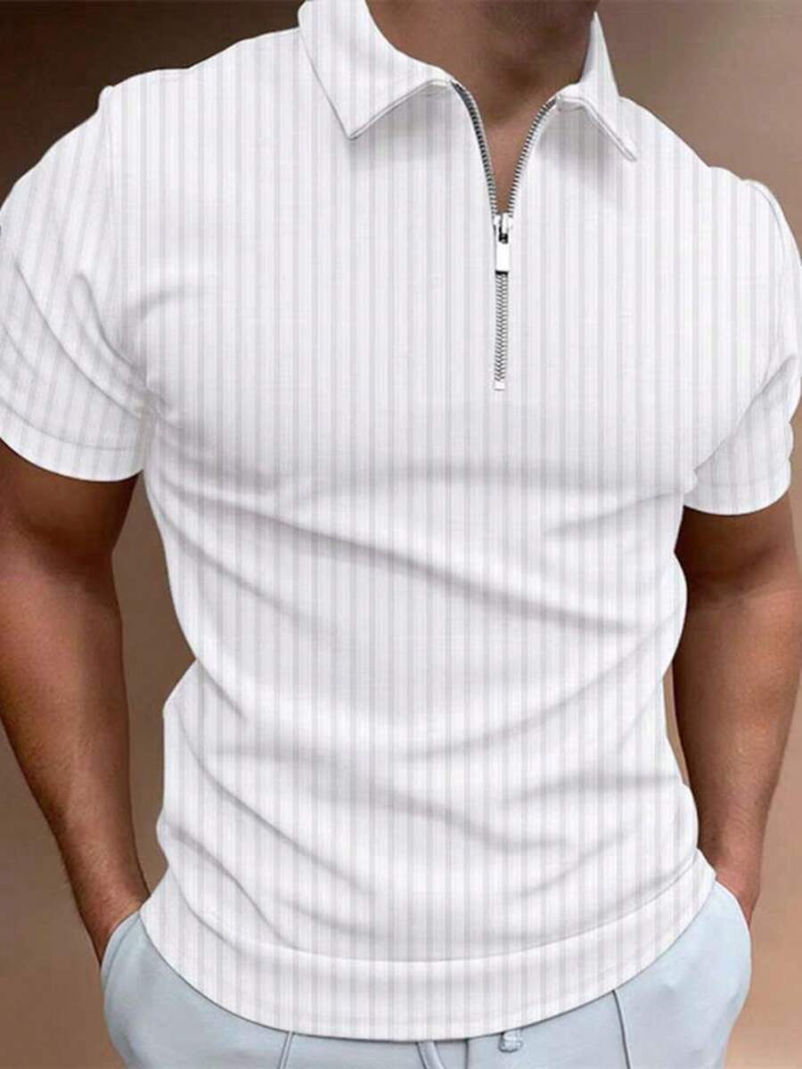 Men's Textured Polo Shirt With Zipper – Short Sleeve, Modern Style - White - View 1