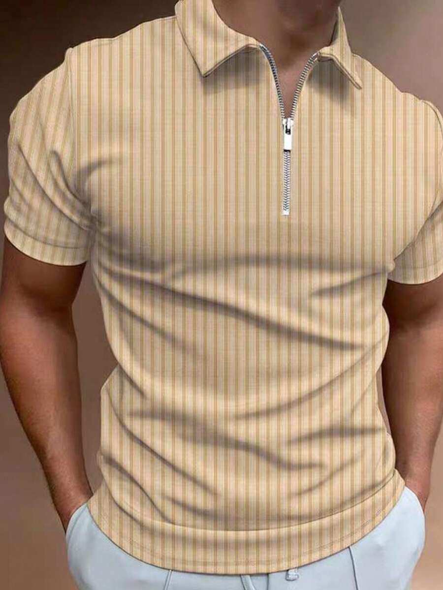 Men's Textured Polo Shirt With Zipper – Short Sleeve, Modern Style - Beige - View 1