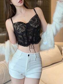 性感蕾丝镂空黑色吊带背心，夏季女款，带衬垫胸罩内衬，细肩带露脐上衣 - 黑色 - 查看 5
