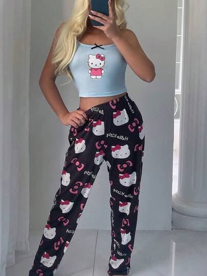 Sanrio [WONDER WORLD]2pcs Hello Kitty Print Women's Camisole Crop Top + Elastic Waist Straight Pants Cute Pajama Set