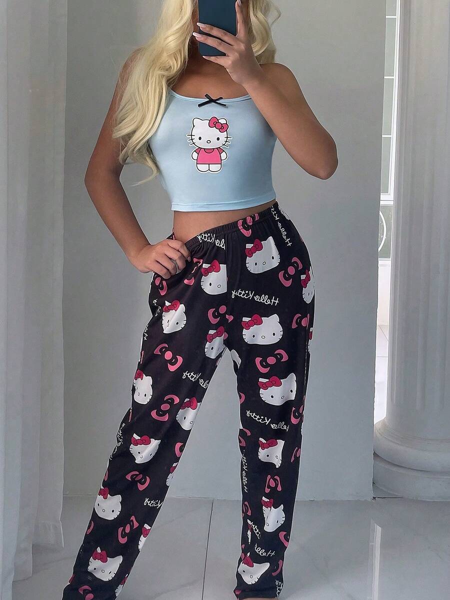 [WONDER WORLD]2pcs Hello Kitty Print Women's Camisole Crop Top + Elastic Waist Straight Pants Cute Pajama Set