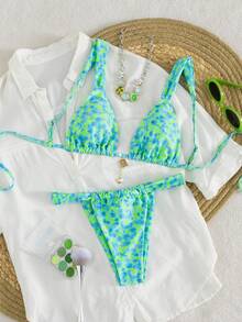 PEPPERMOLLY Biquíni verde de duas peças, campeão de na primavera/verão de 2026, com estampa aleatória, tecido elástico, design sexy e moderno, indispensável para férias na praia, modelador de silhueta. - Multicolorido - Ver 2