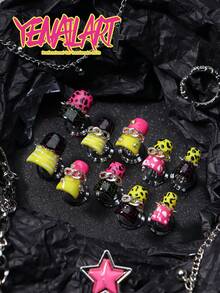 10 piezas Juego de uñas postizas de arte, que incluye estilos de estampado amarillo, negro, de contraste, leopardo, cebra, cuadros, cadena, remache, mármol y talla grande estilos Y2K, adecuados para uso diario y fiestas/celebraciones para mujeres. Incluye 1 lima de uñas mini y 1 hoja de pegatinas, accesorios de uñas punk rock perfectos para el verano y una excelente opción de regalo. - Multicolor - Ver 2
