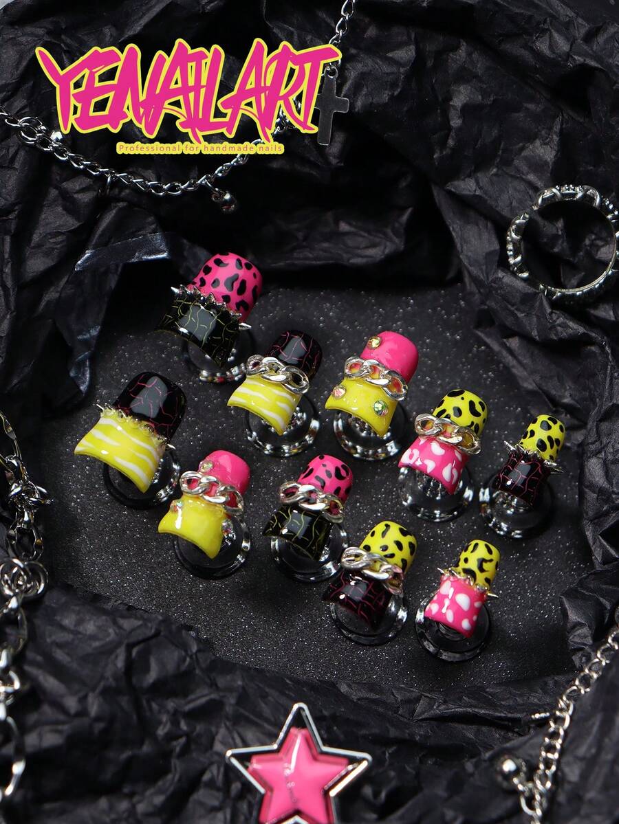 10 piezas Juego de uñas postizas de arte, que incluye estilos de estampado amarillo, negro, de contraste, leopardo, cebra, cuadros, cadena, remache, mármol y talla grande estilos Y2K, adecuados para uso diario y fiestas/celebraciones para mujeres. Incluye 1 lima de uñas mini y 1 hoja de pegatinas, accesorios de uñas punk rock perfectos para el verano y una excelente opción de regalo.
