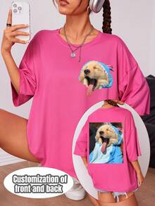 Áo thun nữ thiết kế theo yêu cầu - Thêm chữ và ảnh của bạn (Dạng ngang/Huy hiệu/Cặp đôi/Gia đình/Selfie/Thú cưng), in hai mặt. - Màu Hồng Tươi - Xem 3