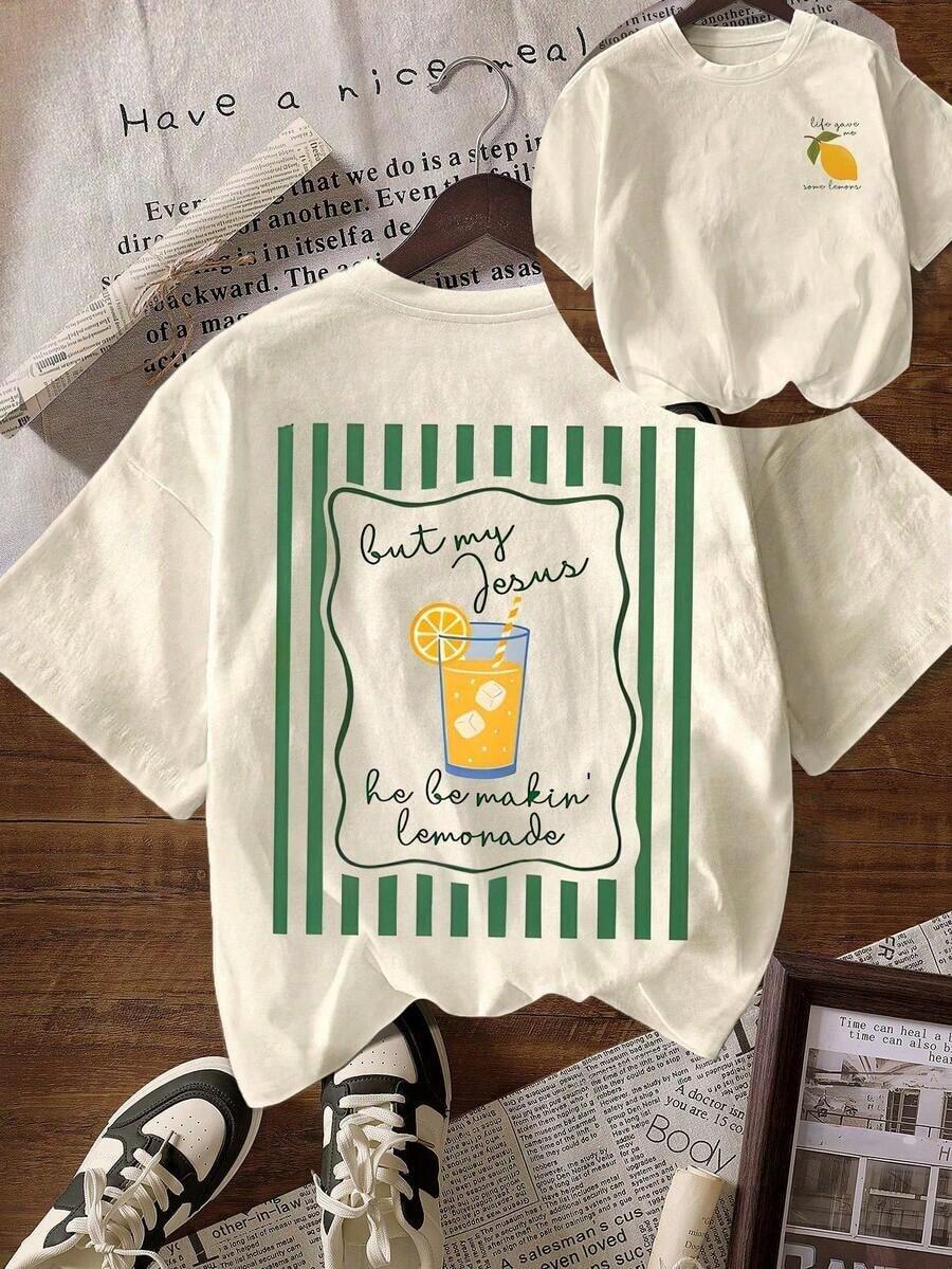 [100% Cotton] TaggedThreads Jesus Lemonade Shirt, But My Jesus He Be Makin' Lemonade, Graphic Tee For Women, Plus Size Casual Round Neck Short Sleeve T-Shirt, Cozy Summer & Fall & Winter Styles Short Sleeve Tops - Unisex Women's & Men's Campus Daily Wear - 杏色 - 查看 1