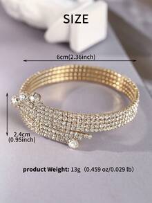 1pc Wide Multi-Layer Rhinestone Wrap Bracelet, Elastic Gold Tone Crystal Cuff Bangle For Women Wedding & Party - Multicolor - View 7