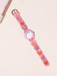 Cute & Compact Butterfly Pattern Quartz Silicone Strap Kids Watch - Pink - View 3