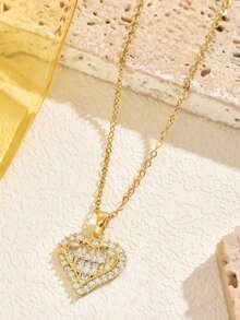 1件不锈钢吊坠项链，镀金镶嵌立方氧化锆心形设计，优雅波西米亚复古韩风简约百搭配饰，适合男士、女士、情侣、日常、休闲、派对、节日佩戴（OPP袋包装） - 金色 - 查看 4