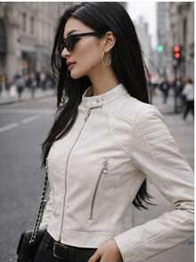 Women's Premium PU Leather Jacket, Stylish, Modern, Casual, Elegant,  Fall/Winter 2026 - 白色 - 查看 4