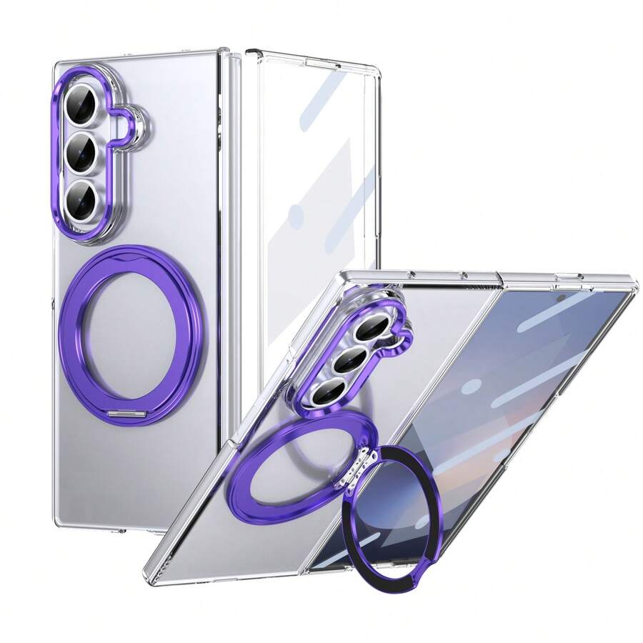 VIETAO 360°旋轉隱形支架透明材質手機殼,適用於 Galaxy Z Fold 8 Ultra 7 6 5 4 Fold7,附強化玻璃螢幕保護貼 - 紫色 - 查看 1
