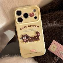 GUCADI 3D Embroidered Yellow-Brown Cat Apple 17 Phone Case, Suitable For IPhone 15, 16 Pro Max, Embroidered Cartoon, Anti-Fall Soft Shell, Animal, Cartoon, Letter, Cute, Girly, Polka Dot, 3D, Geometric, Graffiti - Lemon Yellow - View 4