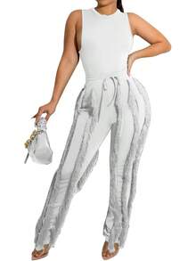 CALEBGAR Sleeveless High Neck Knitted Fringe Party Tunic Top And Pants Two Piece Outfit For Women - trắng - Xem 5