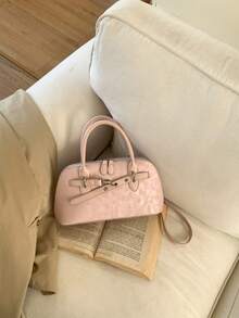1pc Pink Solid Color Metal Lock Decor Oil Wax PU Leather 2-Way Handbag Zipper Closure Sweet Tote Shoulder Bag For Girls Daily Use - Pink - View 3