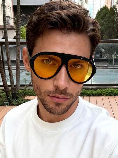 1 PC Men's Acrylic Large-Frame Shield-Style Fashion Glasses, Solid Color Lightweight Frame, Suitable For Outdoor Activities, Comes With A Glasses Case