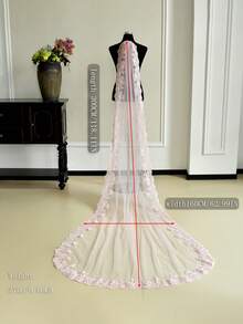 1件粉色长尾新娘头纱，带梳子，蕾丝头纱，浪漫可爱，适合女士婚纱、花园婚礼 - 彩色 - 查看 9