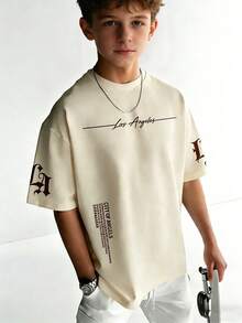 1件青少年男童印花短袖T恤，学生青少年服装，夏季儿童礼物 - 杏色 - 查看 2