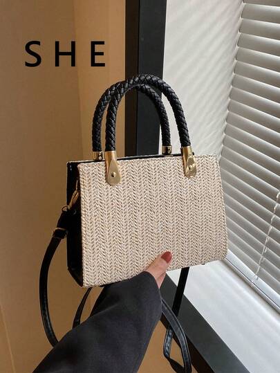 时尚编织撞色手提包，夏季新款单肩包，独特INS风草编斜挎包