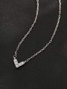 1pc S925 Sterling Silver V-Shaped Necklace, Women's Romantic Heart Pendant With Diamonds, Minimalist Dainty Clavicle Chain, Fashionable Versatile Necklace For Daily Wear - Love - View 9