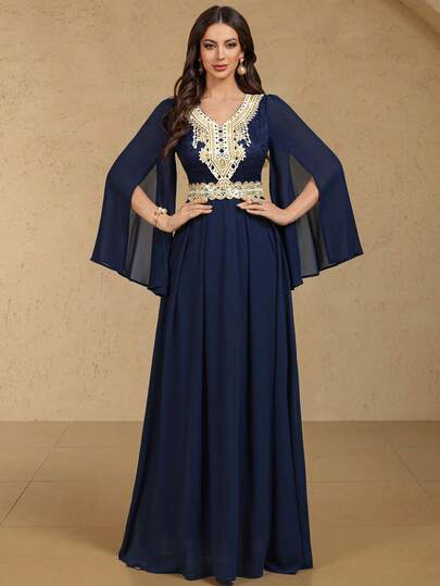 MIUSOL Vestido largo formal de gasa con mangas largas, dobladillo plisado y encaje floral, vestido elegante para fiestas, vestido de noche formal, vestido de graduación, para invitados de boda, cena