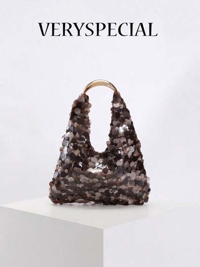 1 件美人鱼新月金属亮片不对称手提包，高品质，适合搭配职业装、连衣裙、日常通勤、购物、约会、下午茶