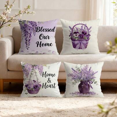 4件装紫色薰衣草花卉图案单面印花抱枕套，装饰枕套，适用于客厅、沙发、卧室，不含枕芯