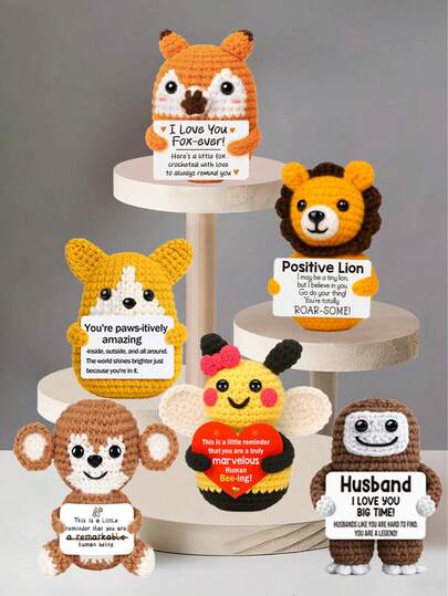 4pcs/Set Handmade Crochet Desktop Decor Figurines, Funny Sci-Fi Plant & Animal Shapes, Great Gift For Best Friends, Sisters, Family, Lovers, Birthday, Thanksgiving, Christmas, Valentine's Day, Mother's Day, Plush Toys For Room Decoration