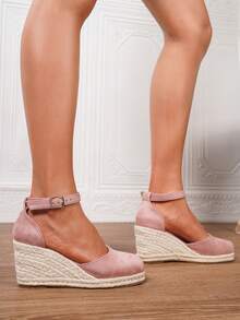 女士厚底坡跟一脚蹬鞋，女士厚底坡跟凉鞋，简约踝带草编鞋，人造革坡跟凉鞋，夏季度假粉色系带方头一脚蹬踝带鞋，舒适编织镂空草编鞋，尺码34-43，大码女鞋，女士高跟鞋，女士高跟凉鞋，女士高跟鞋，优雅女鞋 - 淺粉色 - 查看 8