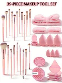 39pcs Makeup Brush Set, High Quality Synthetic Foundation Powder, Concealer, Eyeshadow, Blush Brushes And Makeup Sponges, Travel Friendly Gift Set - Multicolor - View 1