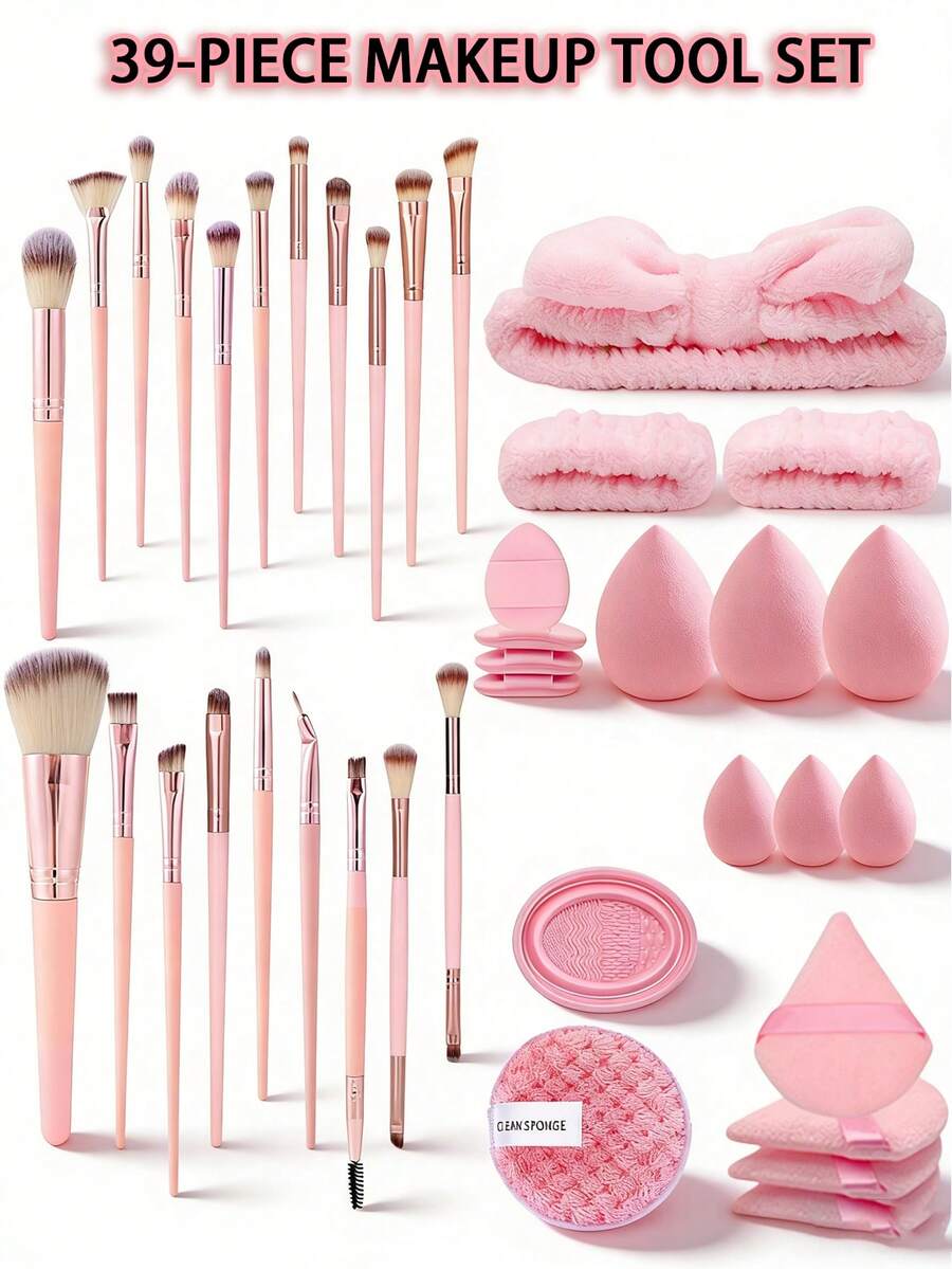 39pcs Makeup Brush Set, High Quality Synthetic Foundation Powder, Concealer, Eyeshadow, Blush Brushes And Makeup Sponges, Travel Friendly Gift Set - Multicolor - View 1