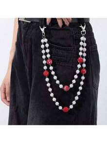 1pc Streetwear Sparkling Starry White & Red Ceramic Waist Chain, Suitable For Women's Casual, Party Wear - Silver - View 3