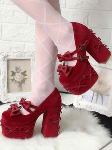 Women's Heel Shoes Women's Black Platform Heels Shoes Pink Elegant Women Shoes High Heels Pumps Cute Bow High Heels Gothic Heels Closed Toe Heels Chunky Heels Mary Jane Shoes - 紅色 - 查看 2
