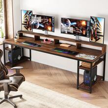 LITTLE TREE 78.74" Two Person Computer Desk,Industrial Double Office Desk With Monitor Stand & Storage Shelves, Workstation With Metal Frame Gaming Desk For Home Office Gaming Room,Apartment, Rustic Brown - Nâu và đen mộc mạc - Xem 9