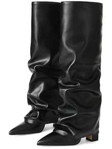 Women Shark Boots Knee High Fold Over Ruched Slouchy Chunky High Heel Pointed Toe Sexy Party Club Office Lady Winter Shoes - 黑色PU - 查看 9