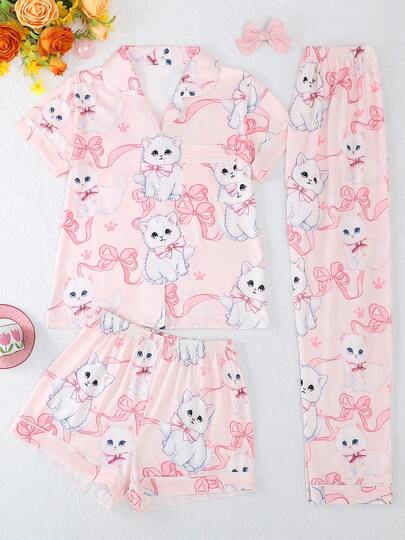 3pcs/Set Breathable Short Sleeve Sleepwear Set, Bow & Kitten Print, Includes Shorts & Pants, Lapel Button Short Sleeve, Comfortable Loose Fit, Suitable For All Seasons
