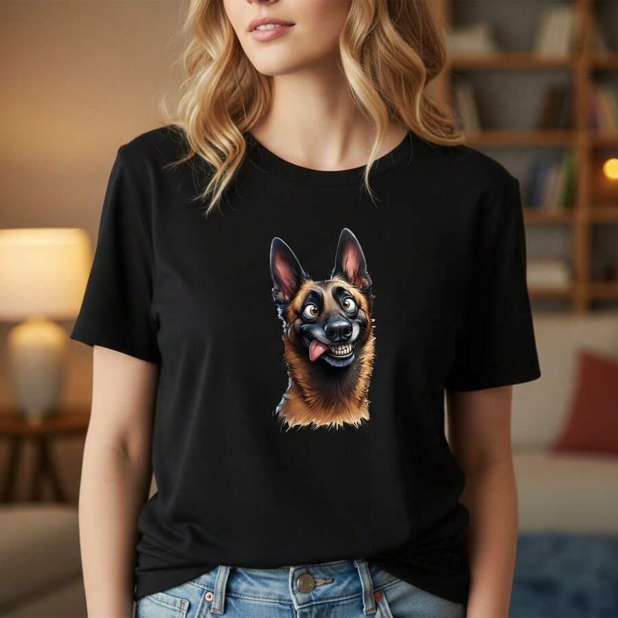 1PC Camiseta de Algodón con Estampado de Cara de Perro Pastor Alemán para Hombre y Mujer, Diseño Divertido de Animal, Camiseta Casual Unisex, Manga Corta de Algodón Puro, Color Negro, ! Camiseta estampada de manga corta, casual y elegante para mujer. - Negro - Ver 1