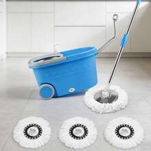 Spin Mop And Bucket,Mop And Bucket With Wringer Set For Home,360 Spinning Mopping Floor Cleaning Tool With 3 Microfiber Replacement Head Refills,61" Extended Handle, 2X Wheel - Blue/Black - Blue - 查看 1