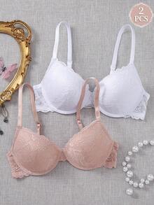 2pcs Sexy Lace Women's Bra And Panty Set, Comfortable Underwire Push-Up Bra - Multicolor - View 3