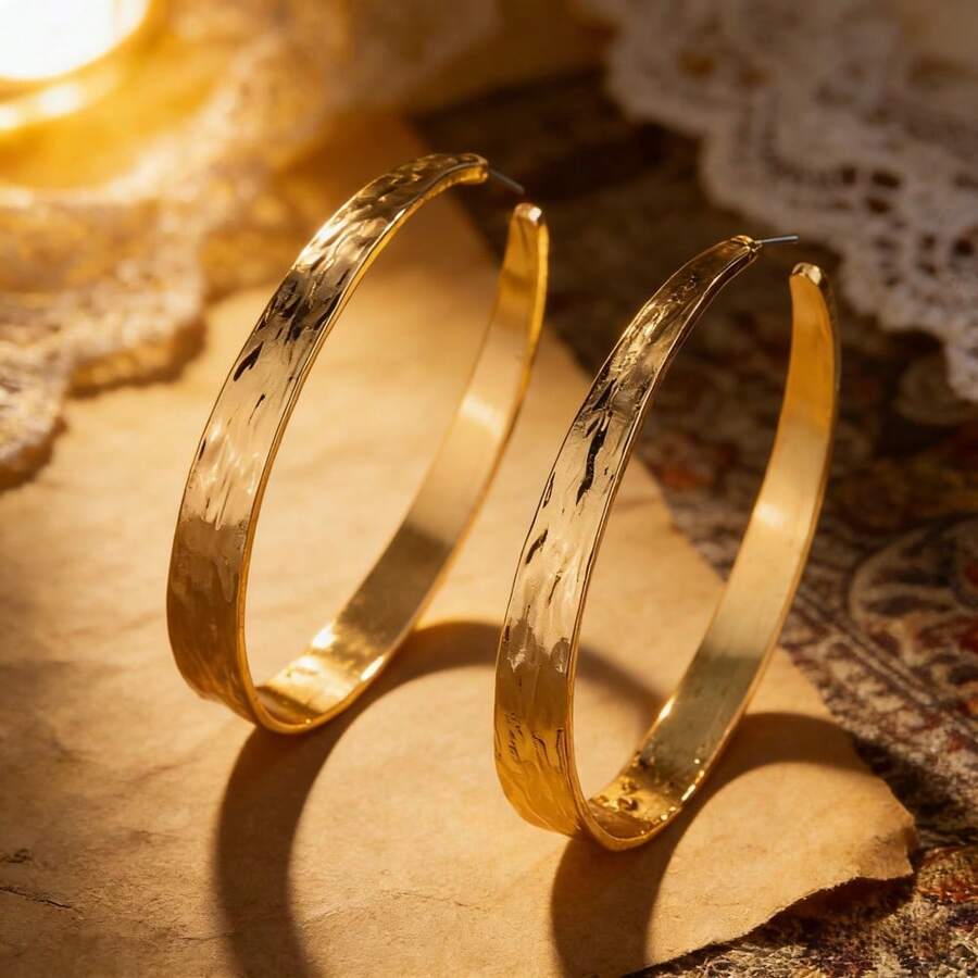 金色纹理圈形耳环，Y2K复古锤纹夸张C形耳环，极简波西米亚金属耳环，修饰脸型且低过敏性