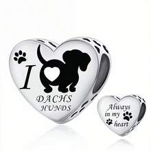 1個 S925 純銀心形臘腸狗珠飾，黑色琺瑯小狗爪印刻字「I Love Dachshunds」寵物主題 DIY 手鍊穿孔銀珠 - 銀色 - 查看 6