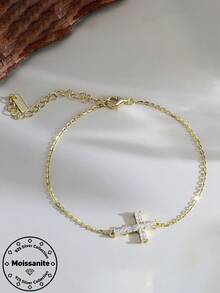 1 Piece 925 Solid Sterling Silver 14k Gold Cross Shaped Moissanite DiamondChain Bracelet Religious Jewelry For Women, Men Anniversary And Casual Wearing - Cross - View 2