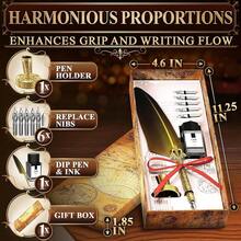 Feather Quill Pen And Ink Set – Stand & Gift Box, Golden Writing Quill And Ink Set With 5 Nibs, Patterned Anti-Slip Grip – Stainless Steel Dip Pen For Signing & Writing | Calligraphy Gift - Gold - View 3