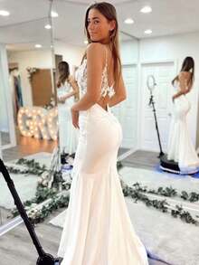 Elegant Sexy V Neck Backless Lace Appliqué Mermaid Satin Formal Wedding Dress,Registry Office Dresses Bridal Gown,Evening Party Dress Birthday Party Dress Country Wedding,Romantic Church Ceremony Wedding Dress,Suitable For Wedding,Dating,Party,Singles' Party,Vacation,Formal Occasions,Dinner Dress,Prom Dress,Homecoming Dess,Cocktail Party,Wedding Guest Dress,Graduation - 白色 - 查看 3