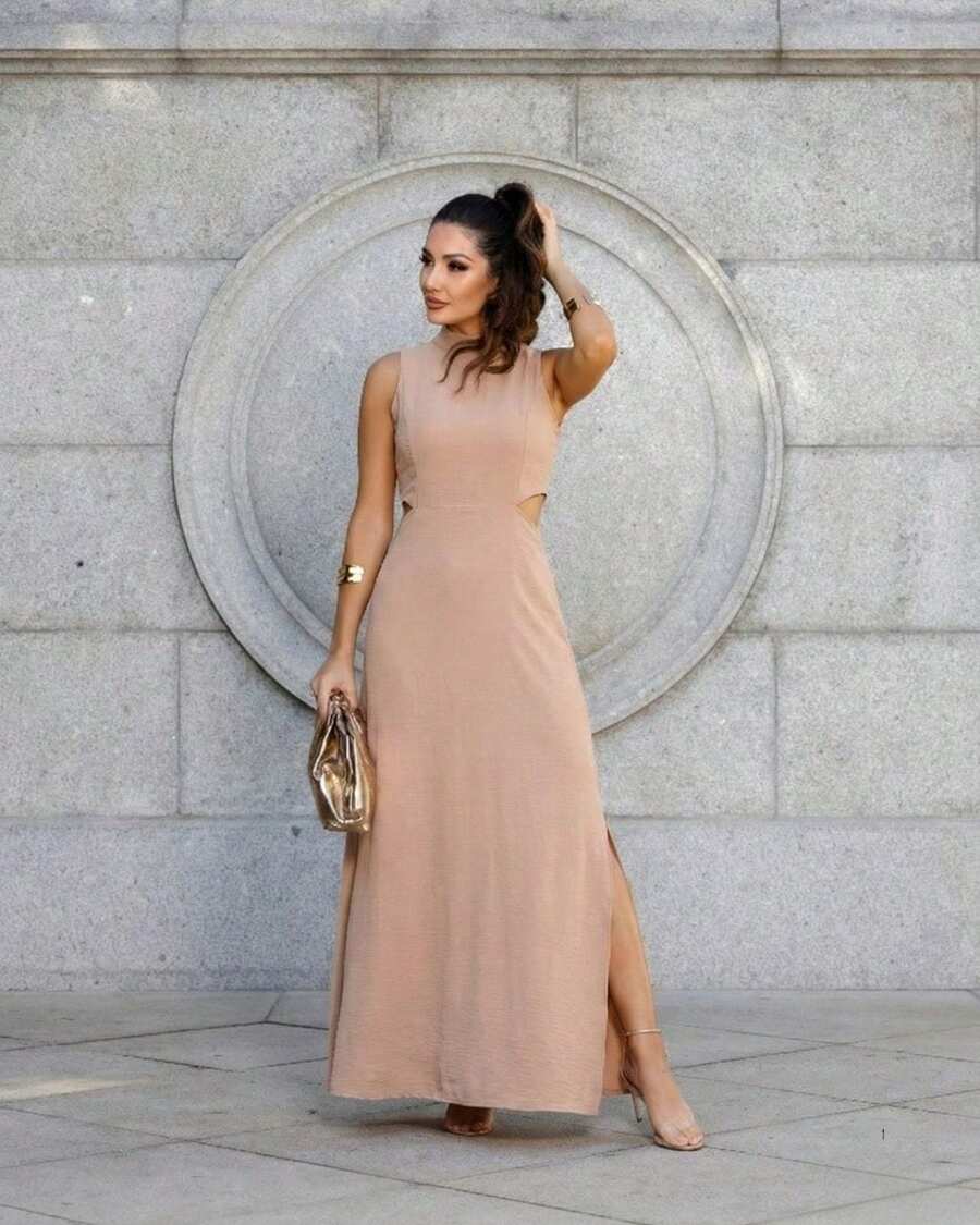Women's Long Tailored Dress, High Neck, Side Slit, Side Opening Detail, Comfortable, With Pockets, Elegant - Màu be - Xem 1