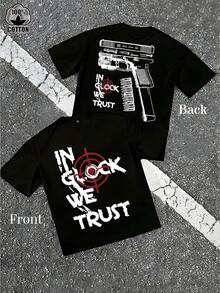 [Printed T-Shirt] Men's "Trust Us" Version B Gun Pattern Slogan T-Shirt ,  Casual Men's Round-Neck Short-Sleeve Cotton T-Shirt For Spring And Summer - 黑色 - 查看 1